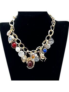 Multicolor Elephant Scarab Charm Gold Tone Statement Necklace New